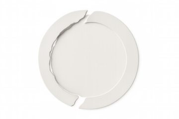 Fractured white circular shape against transparent backdrop, representing disconnection, division, signaling interpersonal conflict or systemic disruption