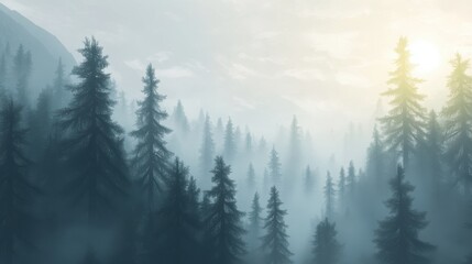 Fototapeta premium fog rolling through a dense mountain forest, with towering evergreen trees disappearing into the mist. on blurred background