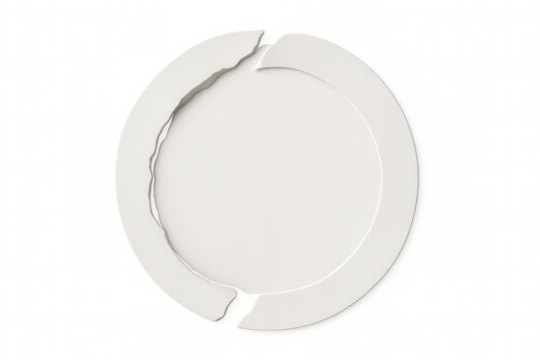 Fractured white circular shape against transparent backdrop, representing disconnection, division, signaling interpersonal conflict or systemic disruption