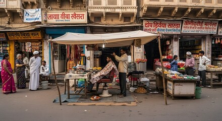 Lively street scene depicting an Indian barber working outdoors amidst a bustling market with shops, vendors, and many people.