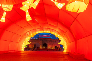 Shanhaiguan Great Wall at night， The word in the photo translates as 