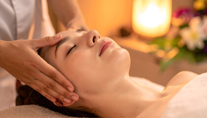 Young Woman Enjoying Relaxing Spa Facial Massage in a Serene Ambiance with Calming Light