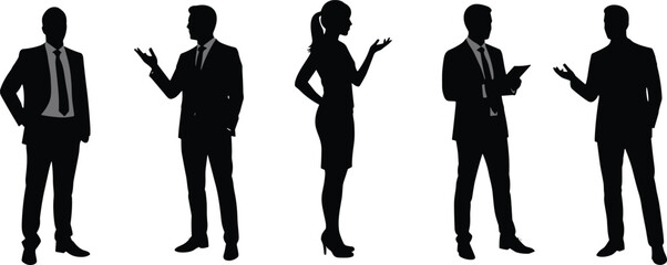 Silhouettes of business professionals, men and women in office attire, corporate employees team, discussing ideas, presenting, standing, working together