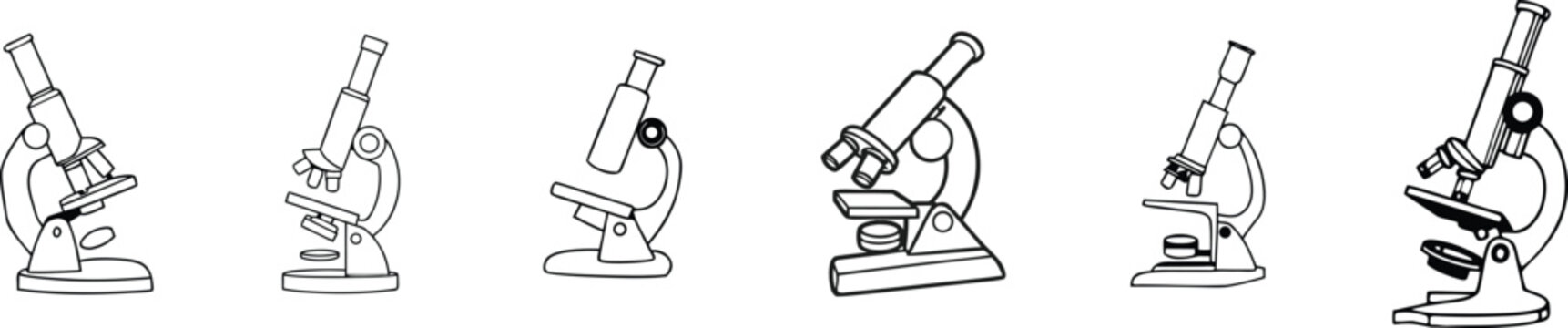 Six varied illustrations of a microscope tool set in black outlines.