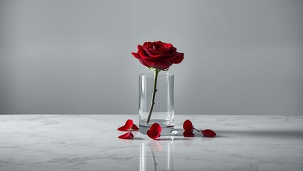 Elegant Red Rose in Vase against Minimalist Gray Background