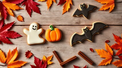 Autumn Seasonal Cookie Display on a White Background with Red Leaves Decoration