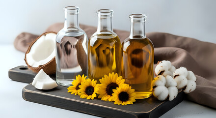 Coconut oil bottles with sunflowers and cotton blossoms offer a natural beauty boost for skincare and hair, promoting health and wellness naturally
