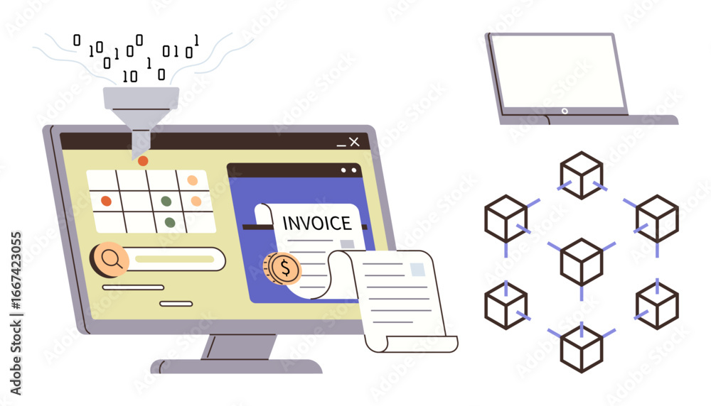 Poster computer displaying invoice generation, data analysis, and blockchain connectivity. improves efficie