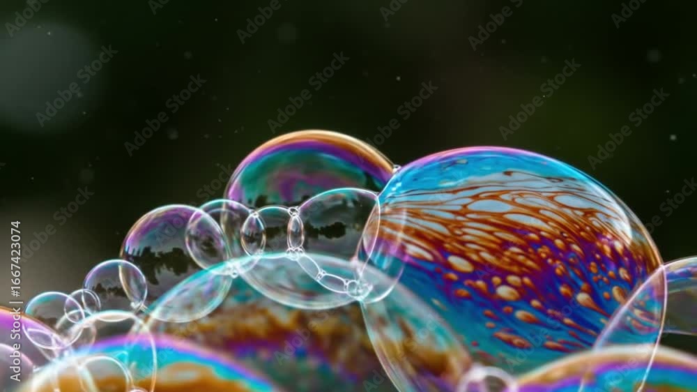 Poster dynamic soap bubbles with vibrant colors floating in the air, creating a stunning visual effect