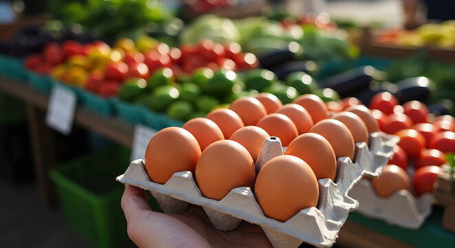 Hand holding carton of fresh brown eggs at farmer's market, colorful produce background - Powered by Adobe