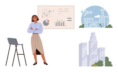 Woman giving a presentation with data charts, standing near a chair. Surroundings include an airport and a cityscape. Ideal for business, analytics, travel, urban planning, professional presentation