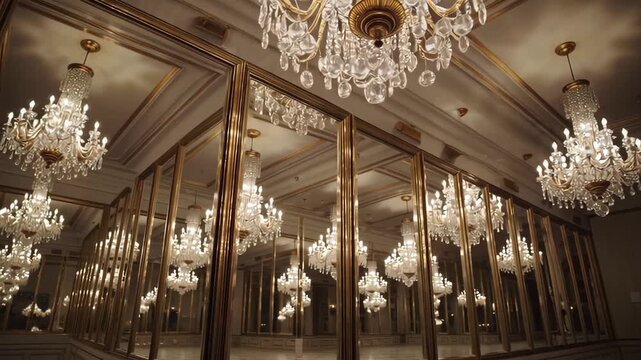 Elegant crystal chandeliers sparkle in a grand mirrored hall, reflecting light and luxury throughout the space. The gold frames and intricate design details create a stunning, timeless atmosphere fill