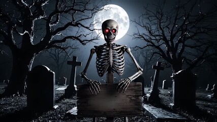 Skeleton in graveyard with full moon dramatic scene digital illustration - Powered by Adobe