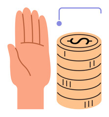 Open hand next to a stack of coins with currency sign, indicating savings, donations, or monetary handling. Ideal for finance, charity, economy, wealth, investment budget planning generosity
