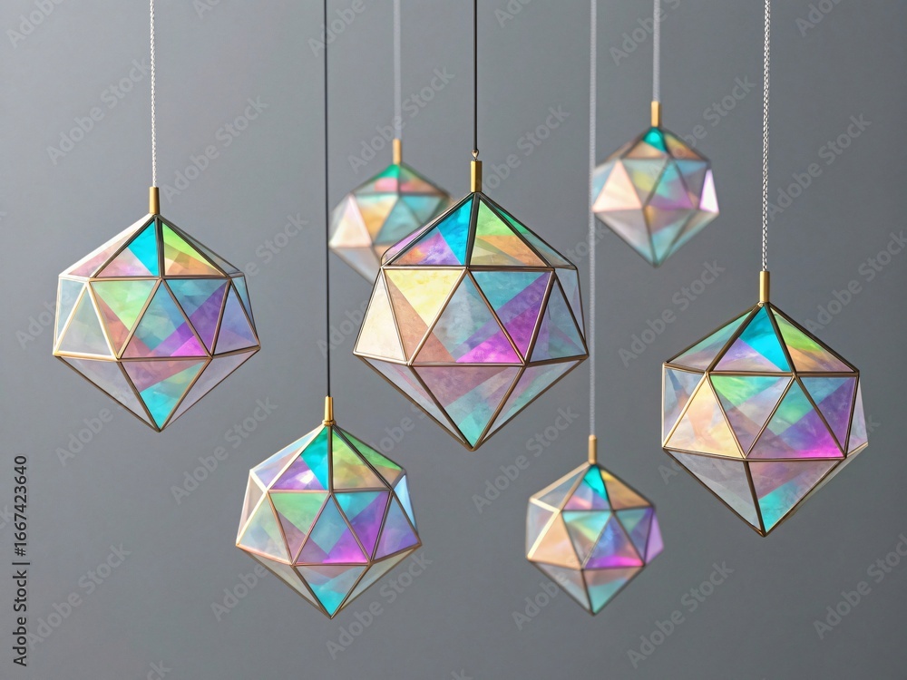 Poster geometric lights: a captivating array of geometric pendant lights, their surfaces shimmering with a 