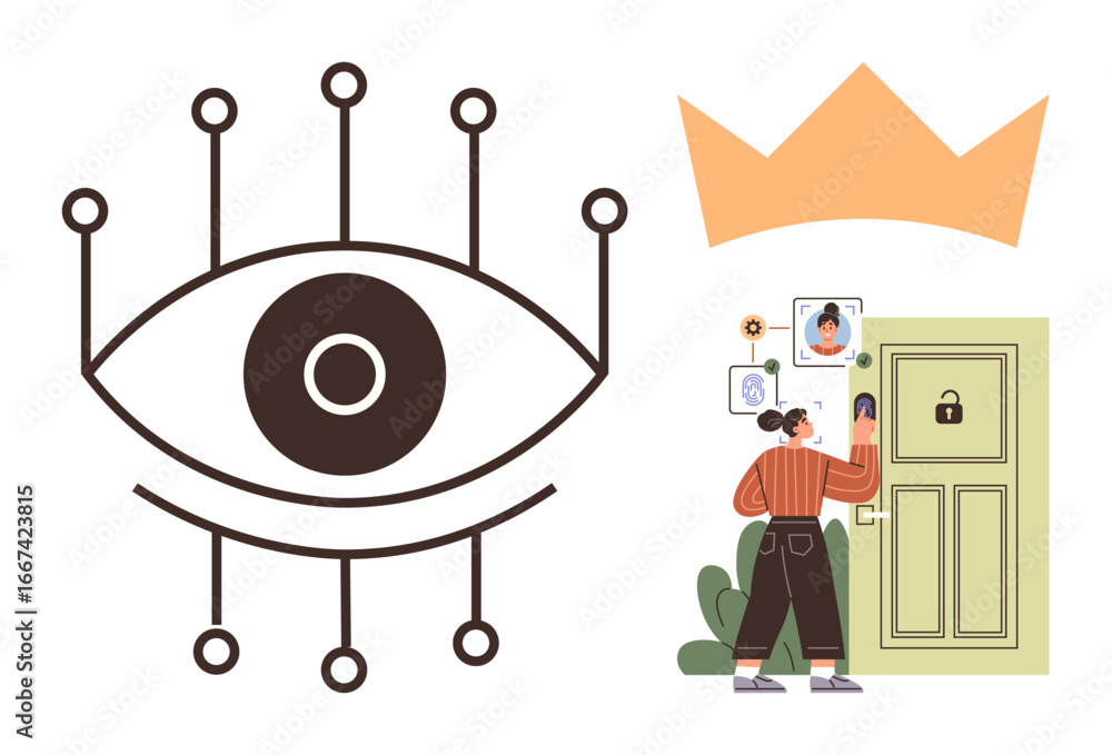 Poster giant stylized eye symbolizing biometrics and security linked to a woman using facial recognition to