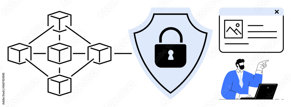Poster blockchain network with interconnected cubes, security shield with lock icon, and professional analy