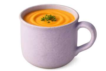 Purple mug containing creamy pumpkin soup garnished with fresh thyme, isolated on a transparent background