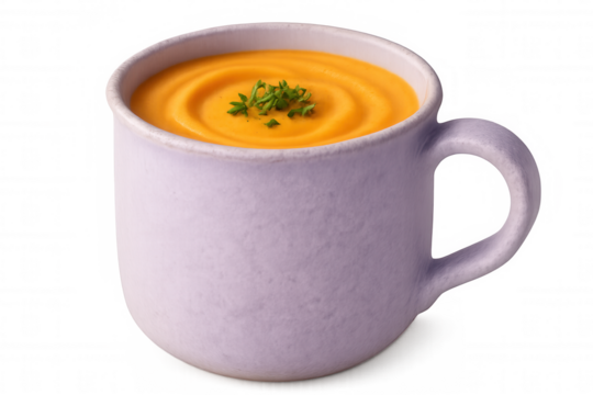 Purple mug containing creamy pumpkin soup garnished with fresh thyme, isolated on a transparent background