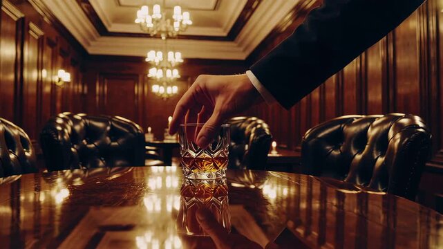 A refined hand reaches for a glass of whiskey on a polished wooden table in an elegant, dimly lit room. The sophisticated atmosphere, leather chairs, and golden lighting evoke luxury, comfort, and cla