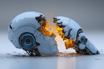 Shattered robot head, fiery explosion