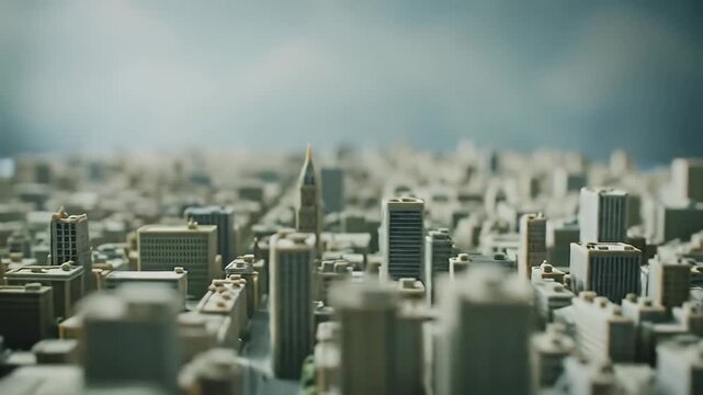 Miniature cityscape model, dense urban area with varying building heights, cloudy sky