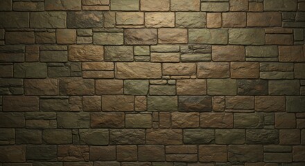 A closeup of a stone brick wall The blocks vary in size and color ranging from brown to green The surface is textured