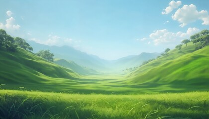 Fototapeta premium Serene Pastoral Landscape With Rolling Green Hills And Trees