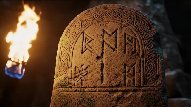 Ancient runestone illuminated by torchlight, revealing detailed carvings and historical artistry