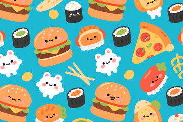 Cute kawaii food lifestyle pattern (burgers, pizza, sushi).