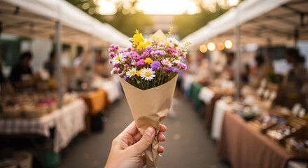 Hand holding colorful wildflowers bouquet wrapped in craft paper at a sunny outdoor market with blurred stalls.
