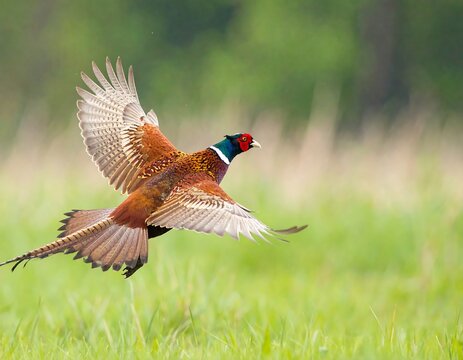 Pheasant in flight over a grassy field - Powered by Adobe