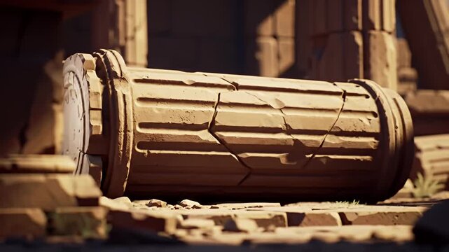 A broken, horizontal stone column lies among the ruins of an ancient structure
