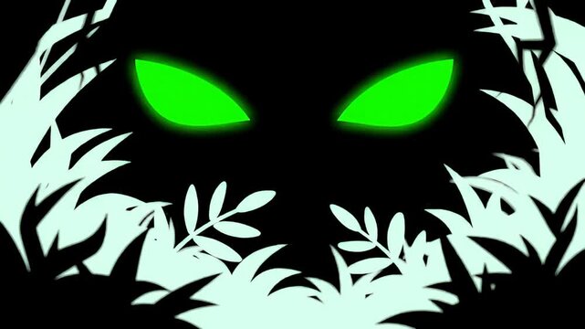 Glowing green eyes stare from a void framed by stylized foliage silhouettes