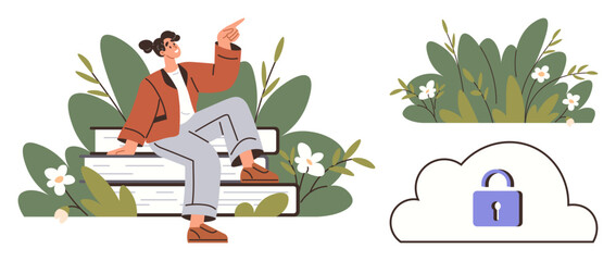 Fototapeta premium Woman relaxing on books surrounded by greenery, pointing upwards. Additional elements include floral motifs and a cloud with a padlock. Ideal for education, security, sustainability, growth, cloud