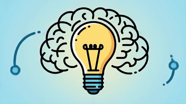 Stylized brain and light bulb on blue backdrop, concept illustration in cartoon style