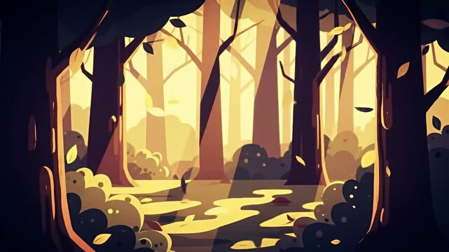 Animated forest scene with golden sunlight streaming through the bare trees