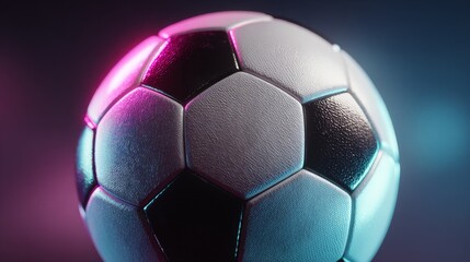 Seamless looping widescreen animation of classic black and white soccer ball rotating with glowing neon cyan and magenta highlights, vibrant futuristic sports design with dark gradient background