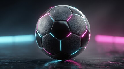 Naklejka premium Seamless looping widescreen animation of classic black and white soccer ball rotating with glowing neon cyan and magenta highlights, vibrant futuristic sports design with dark gradient background
