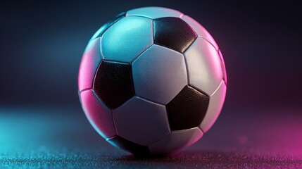 Fototapeta premium Seamless looping widescreen animation of classic black and white soccer ball rotating with glowing neon cyan and magenta highlights, vibrant futuristic sports design with dark gradient background