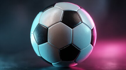 Obraz premium Seamless looping widescreen animation of classic black and white soccer ball rotating with glowing neon cyan and magenta highlights, vibrant futuristic sports design with dark gradient background