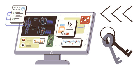 Healthcare data on screen, including medical history, prescriptions, and analytics, alongside symbolic keys. Ideal for healthcare, cybersecurity, data protection, digital health patient privacy