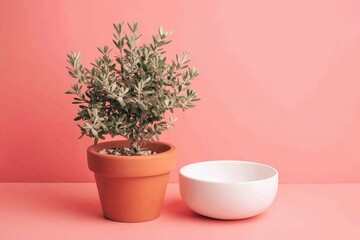 Terracotta pot with small plant and white bowl on pink background