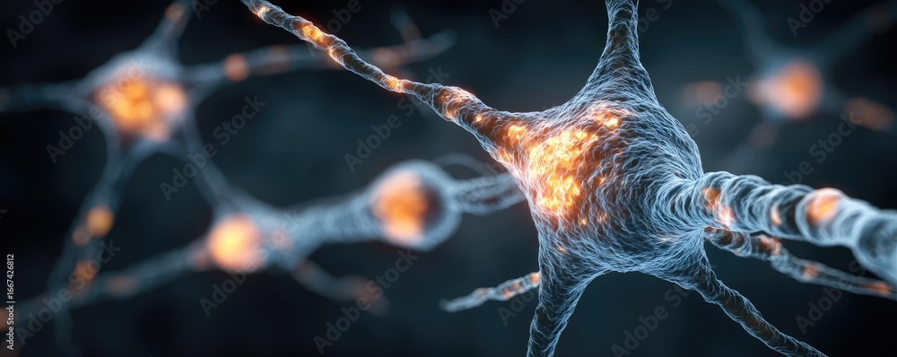 Poster neurological disorder in sclerosis patients concept. close-up view of interconnected neurons with el