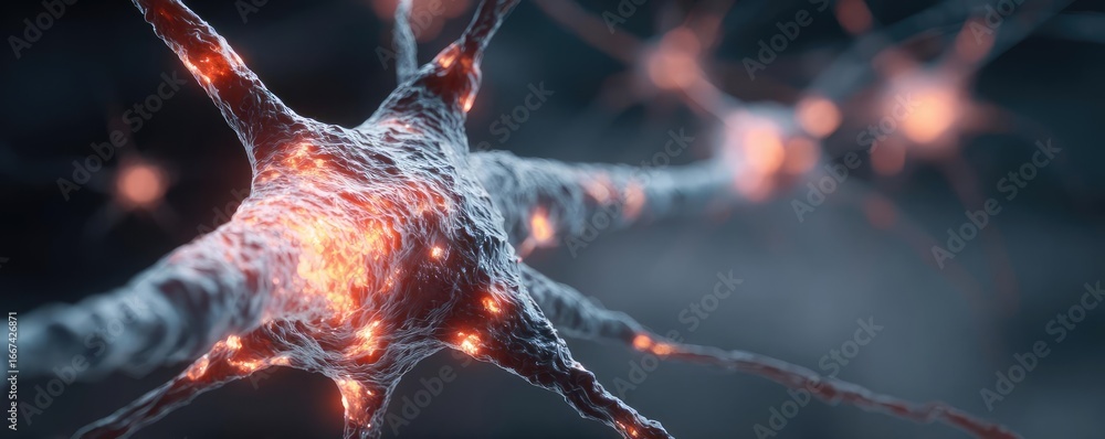 Poster neurological disorder in sclerosis patients concept. detailed close-up of a neuron showing intricate