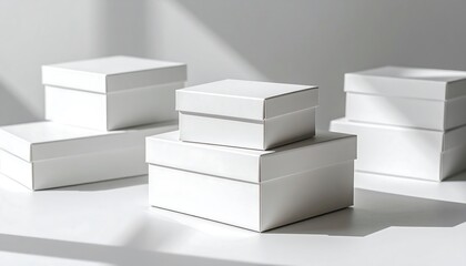 Clean white gift boxes stacked neatly, perfect for product presentation and elegant packaging needs