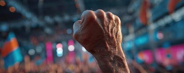 Goosebumps from live music experience concept. Raised fist symbolizing solidarity and protest in a crowd.