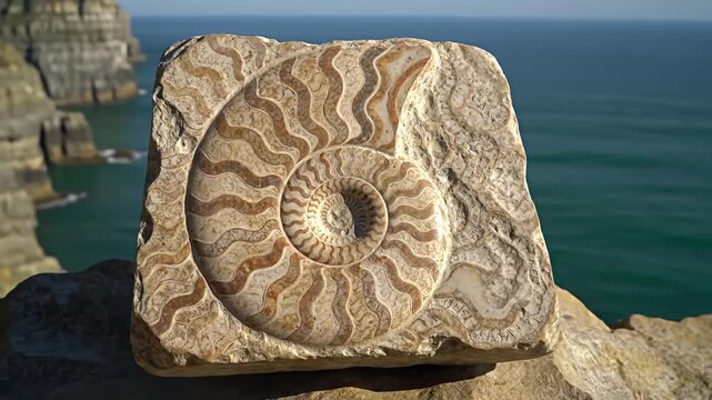 Carved stone block shows fossil with swirled pattern against a turquoise ocean backdrop