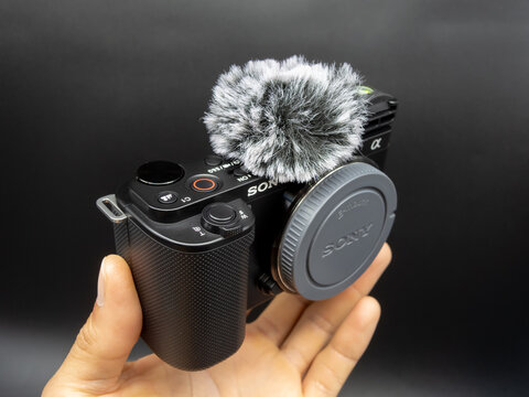 Zapopan Jalisco, Mexico - August 25, 2025: Sony ZV-E10 mirrorless camera with mic and bubble level attached, camera concept