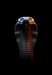 Fototapeta premium A menacing, symmetrical portrait of a King Cobra with a flared hood. This dangerous serpent is lit with dramatic blue and orange light against a solid black background, showcasing its power